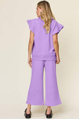 Double Take Texture Ruffle Short Sleeve Top and Drawstring Wide Leg Pants Set - Trendsi - Flyclothing LLC