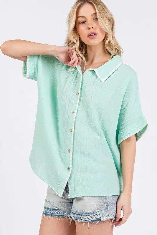SAGE+FIG Boho Contrast Zigzag Trim Gauze Button-Up Shirt - Trendsi - Flyclothing LLC