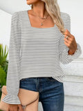 Striped Square Neck Flounce Sleeve Top - Trendsi