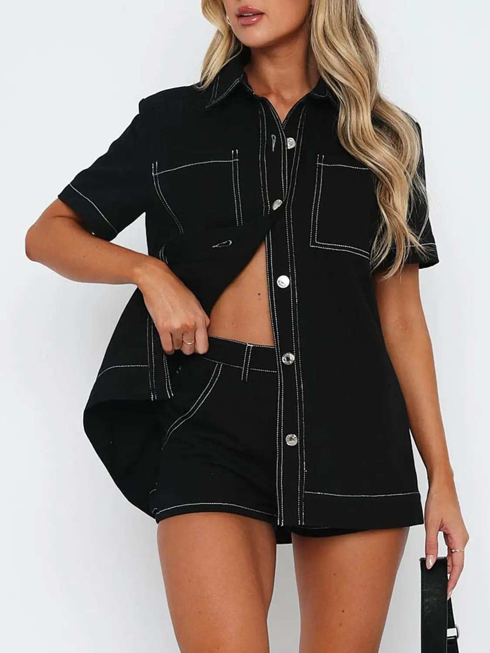 Pocketed Button Up Top and Shorts Set - Trendsi - Flyclothing LLC