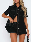 Pocketed Button Up Top and Shorts Set - Trendsi - Flyclothing LLC