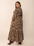 Plus Size Printed V-Neck Balloon Sleeve Maxi Dress - Trendsi