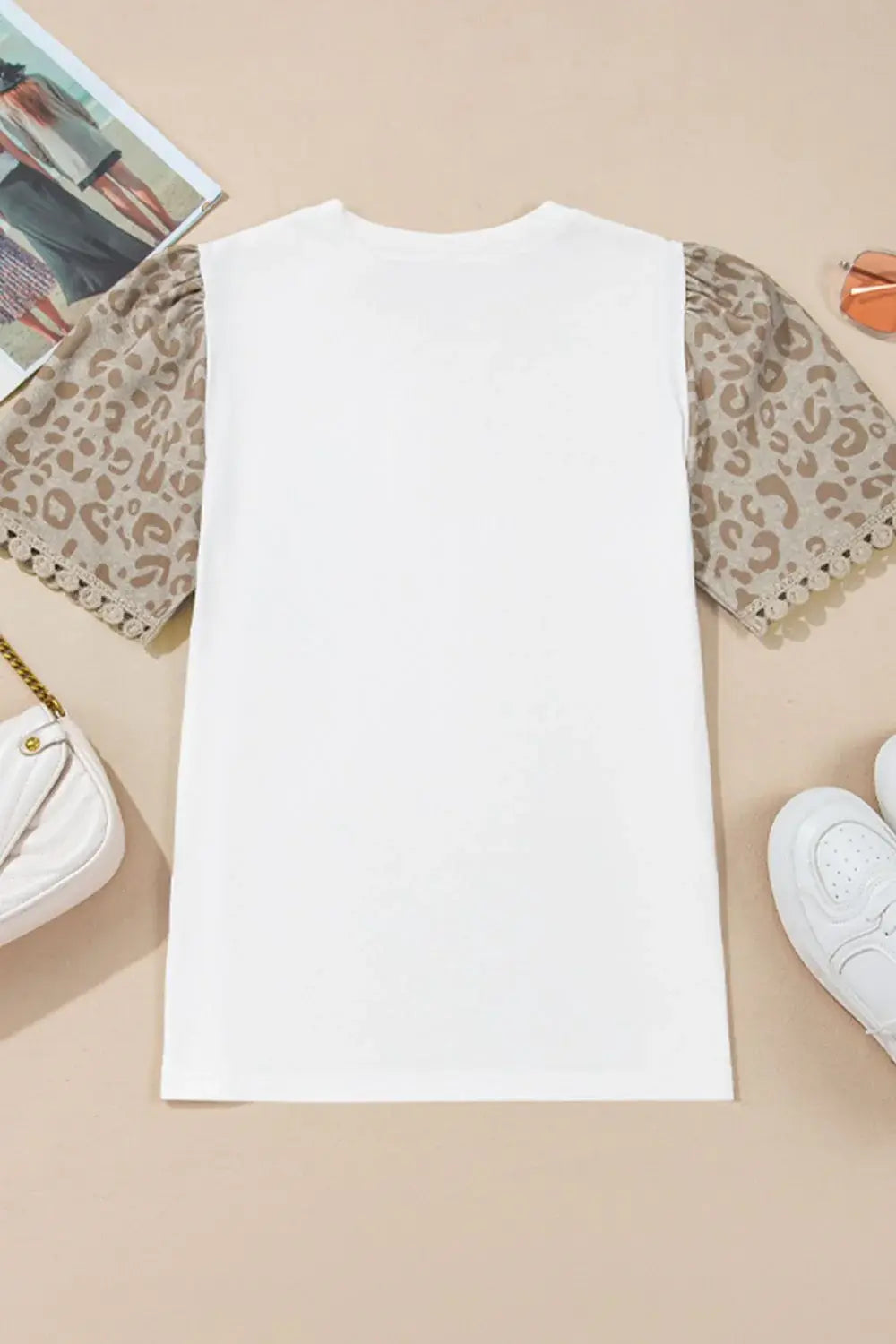 Leopard Patchwork Crochet Lace Trim Puff Sleeve T Shirt - Trendsi - Flyclothing LLC