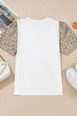 Leopard Patchwork Crochet Lace Trim Puff Sleeve T Shirt - Trendsi - Flyclothing LLC