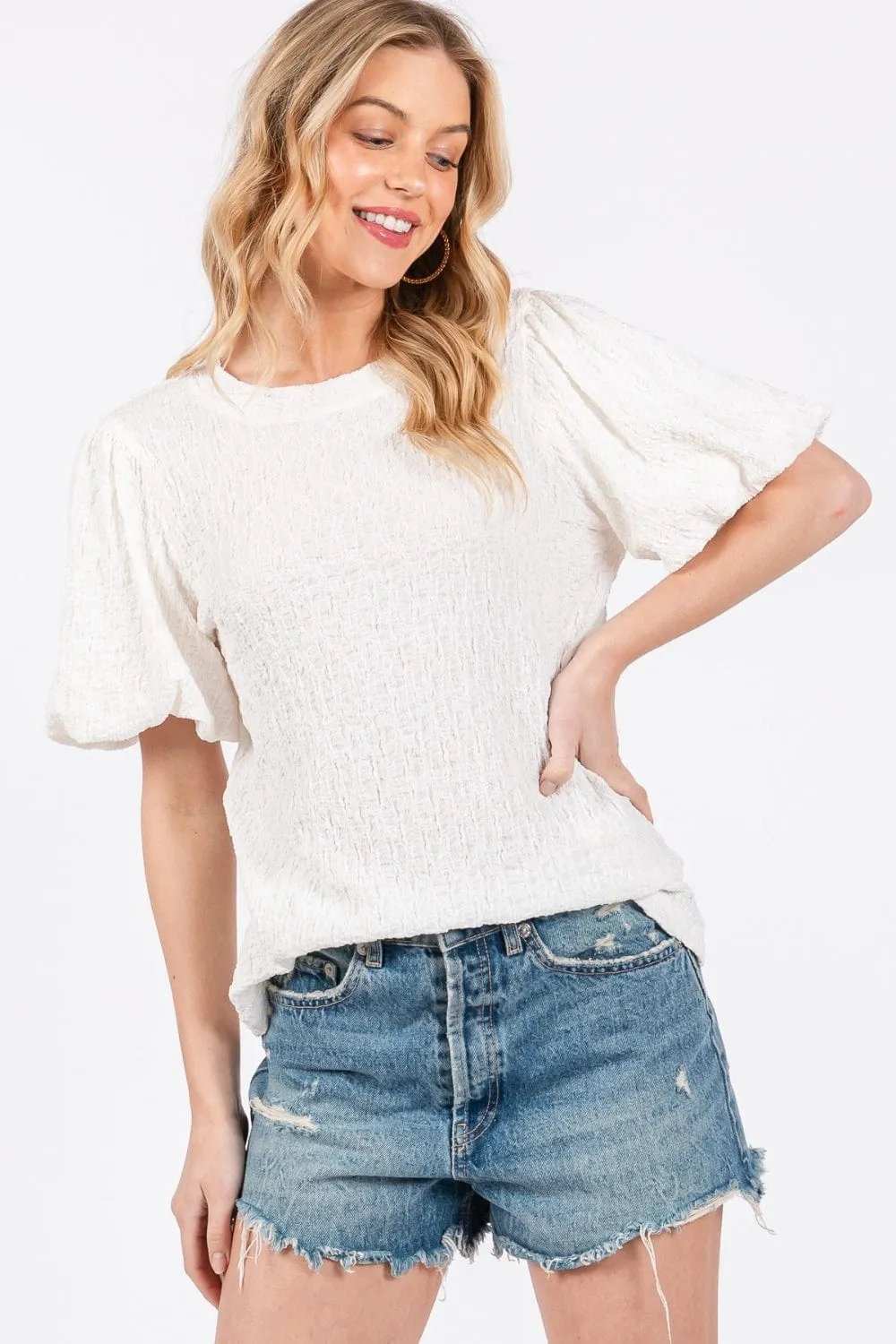 Ces Femme Textured Puff Sleeve Top - Trendsi - Flyclothing LLC