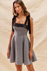 SO ME Houndstooth Fit Flare Mini Dress with Shoulder Tie - Trendsi - Flyclothing LLC