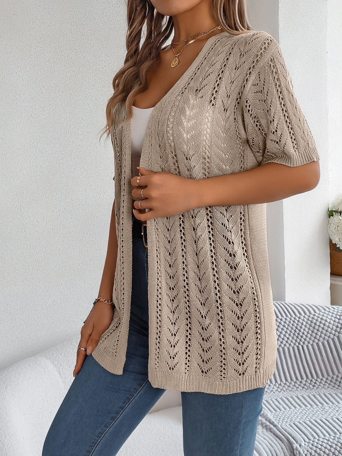Openwork Open Front Half Sleeve Cardigan - Trendsi