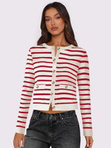 Striped Round Neck Button Up Long Sleeve Cardigan - Trendsi - Flyclothing LLC