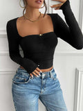 Devine Cutout Square Neck Long Sleeve T-Shirt - Trendsi - Flyclothing LLC