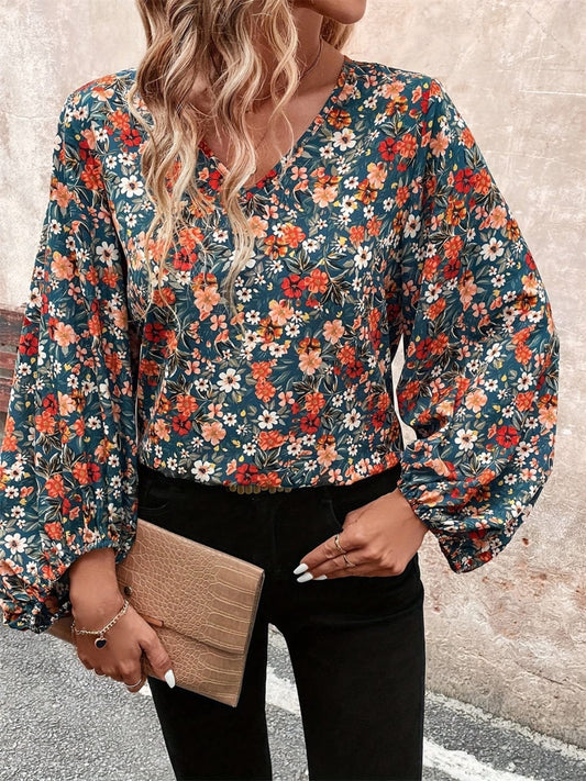 Printed V-Neck Balloon Sleeve Blouse - Trendsi