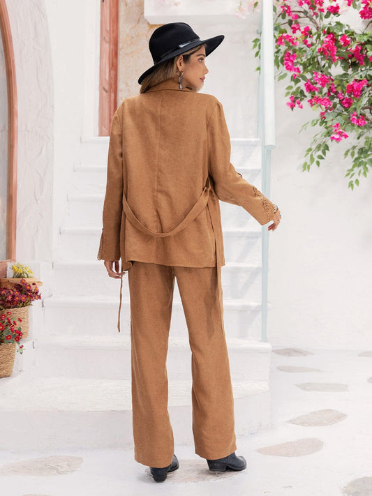 Lace Detail Collared Neck Top and Pants Set - Trendsi