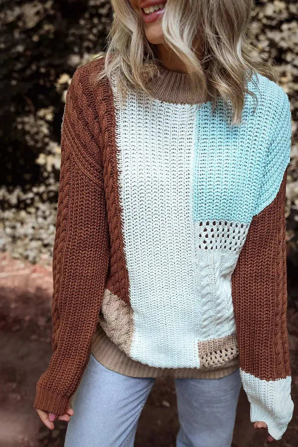 Color Block Round Neck Long Sleeve Sweater - Trendsi - Flyclothing LLC