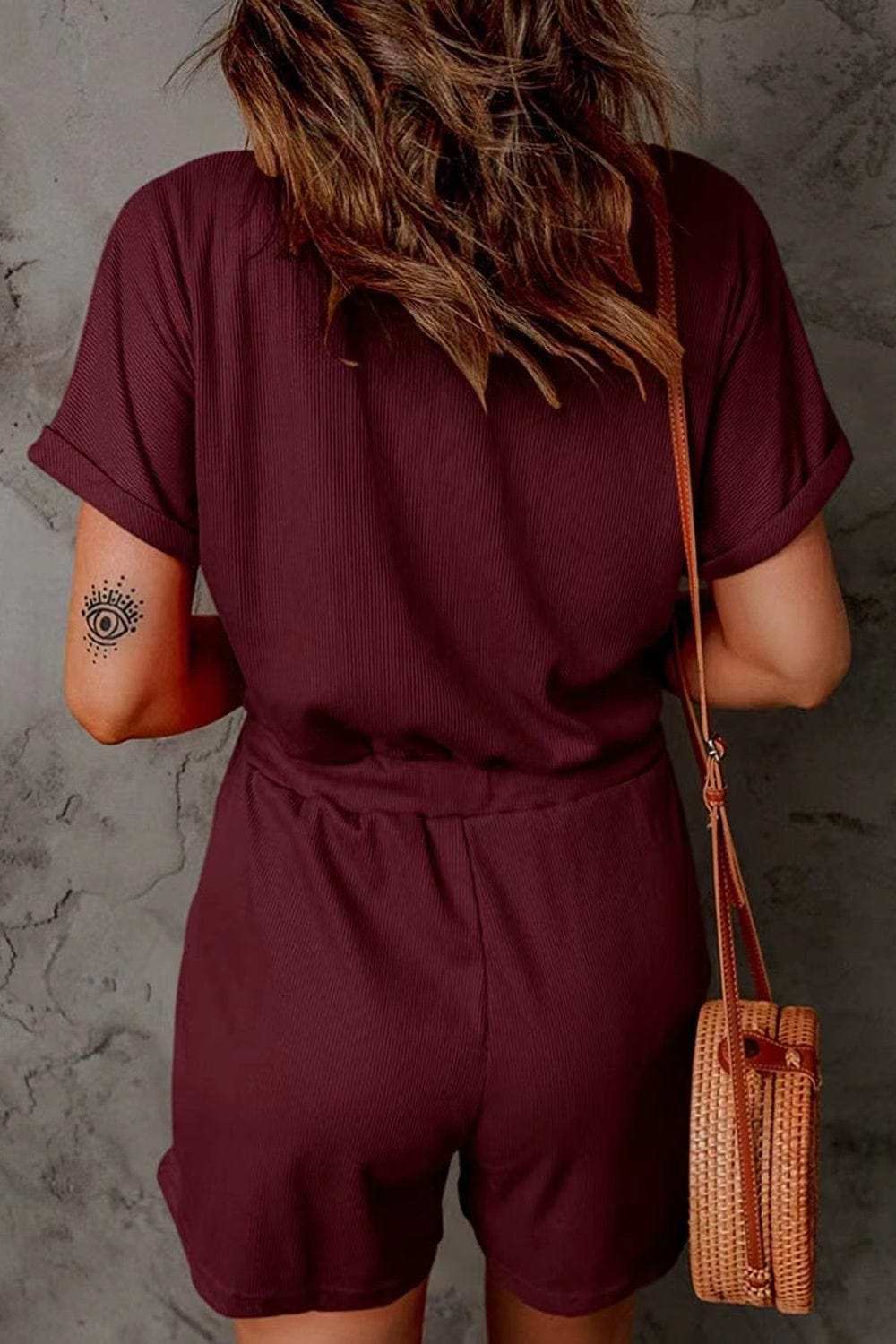 Full Size Drawstring V-Neck Short Sleeve Romper - Trendsi - Flyclothing LLC