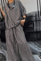 Full Size Plaid Round Neck Half Sleeve Top and Pants Set - Trendsi - Flyclothing LLC