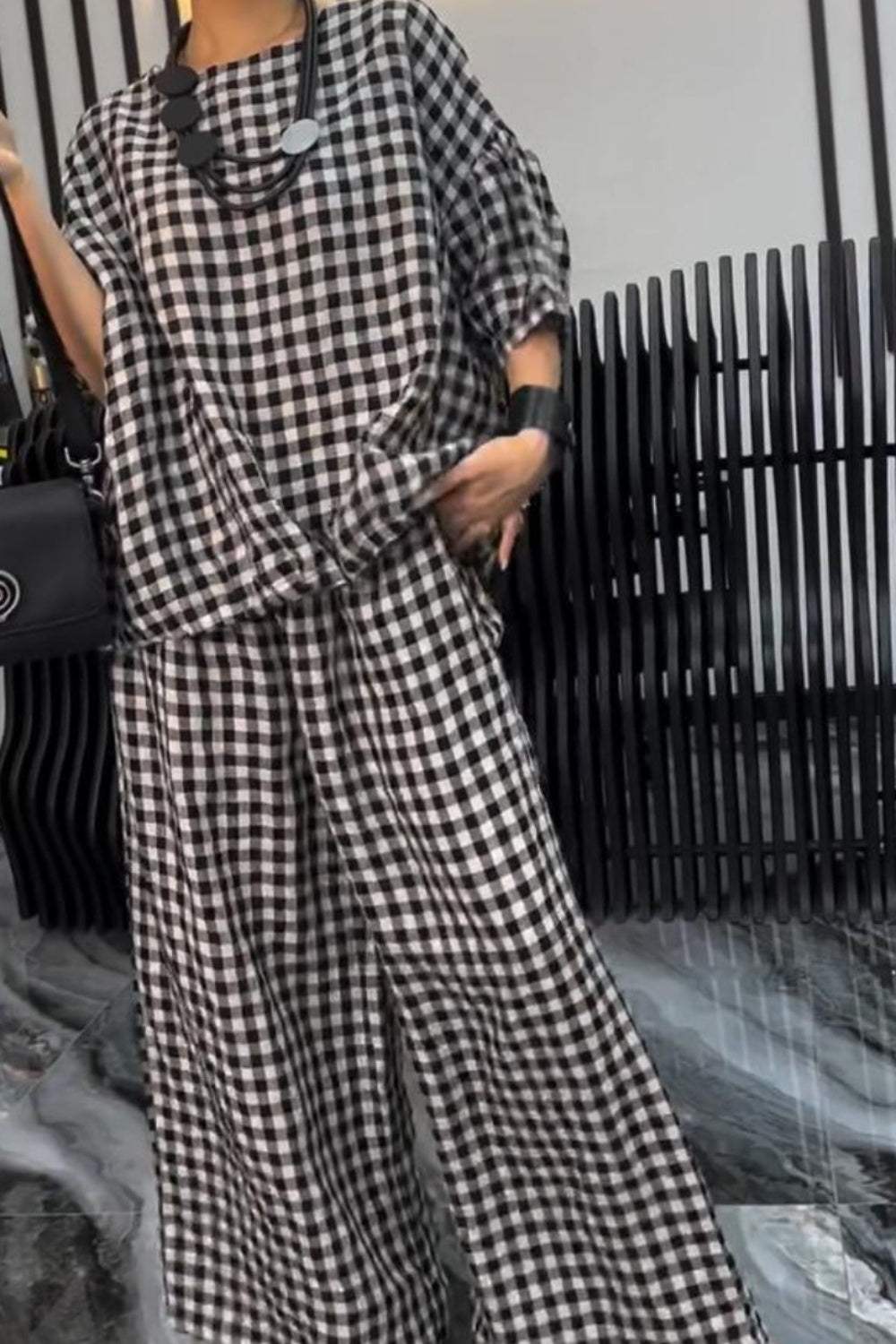 Full Size Plaid Round Neck Half Sleeve Top and Pants Set - Trendsi - Flyclothing LLC