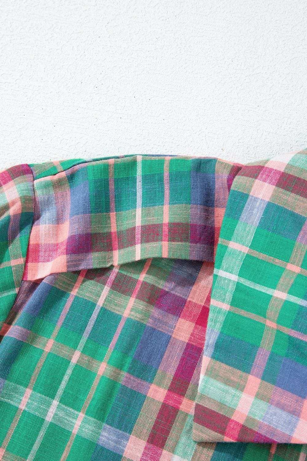 Plaid Collared Neck Three-Quarter Sleeve Shirt - Trendsi - Flyclothing LLC