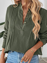 Perfee Textured Notched Long Sleeve Blouse - Trendsi - Flyclothing LLC
