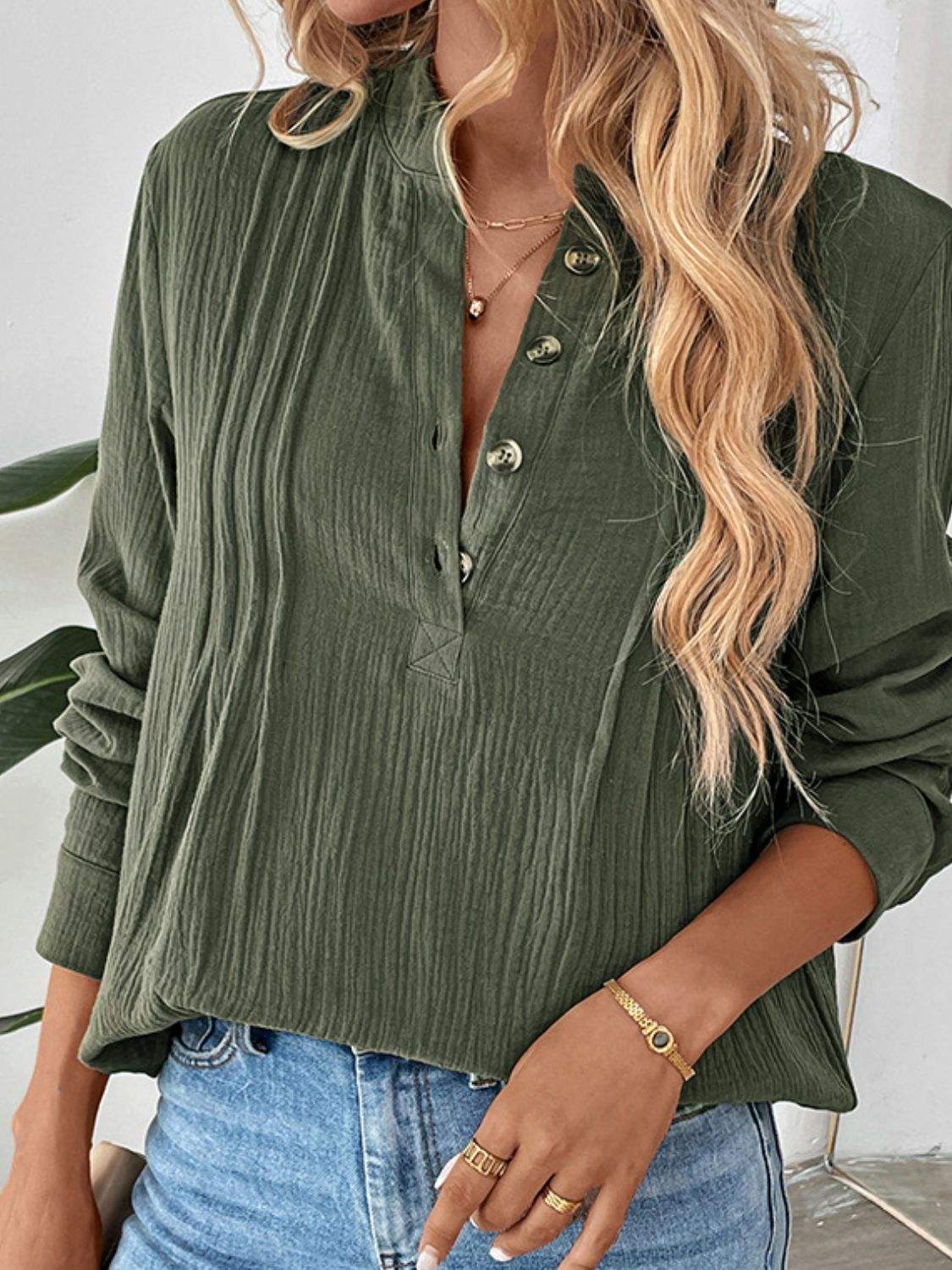 Perfee Textured Notched Long Sleeve Blouse - Trendsi - Flyclothing LLC