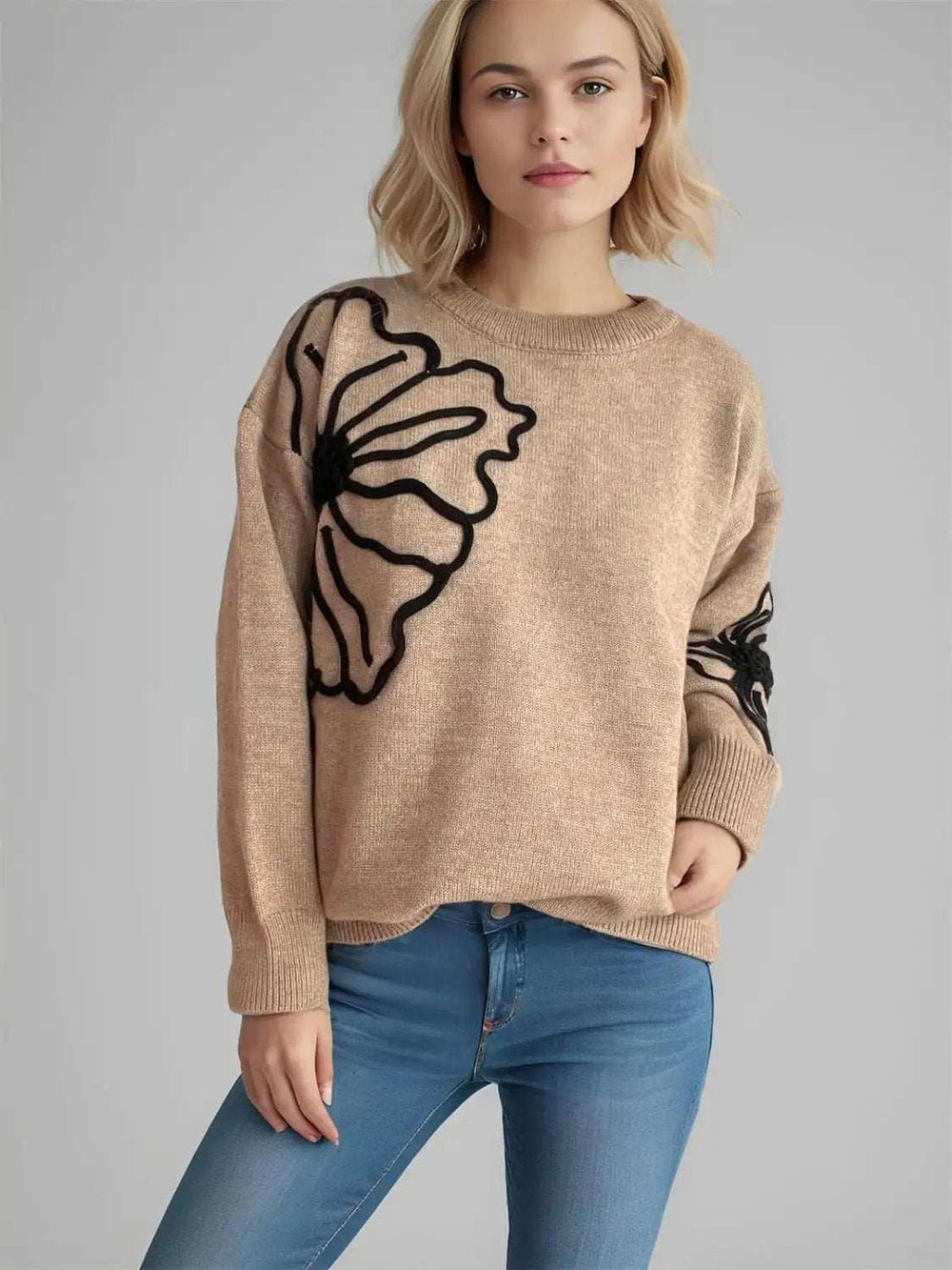 Flower Round Neck Long Sleeve Sweater - Trendsi - Flyclothing LLC