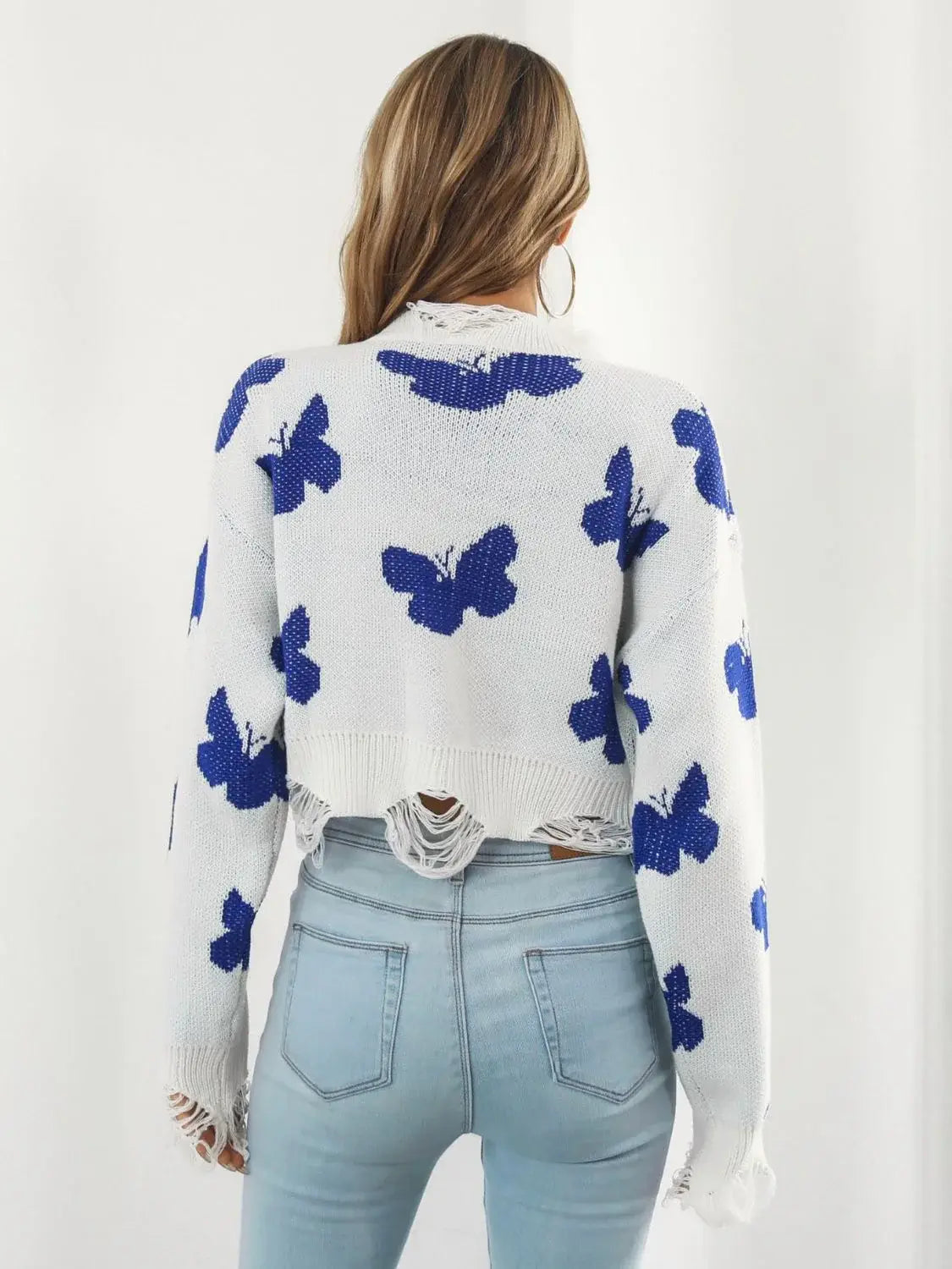 Distressed Butterfly Cropped Sweater - Trendsi - Flyclothing LLC