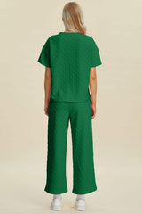 Double Take Full Size Texture Round Neck Short Sleeve Top and Pants Set - Trendsi - Flyclothing LLC