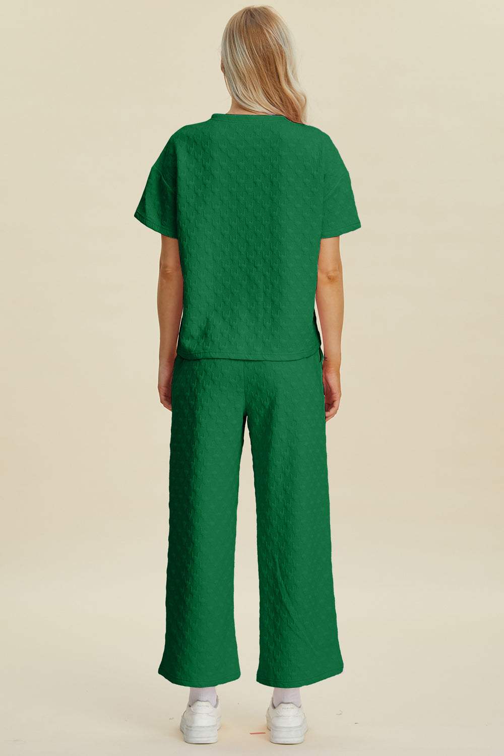 Double Take Full Size Texture Round Neck Short Sleeve Top and Pants Set - Trendsi - Flyclothing LLC