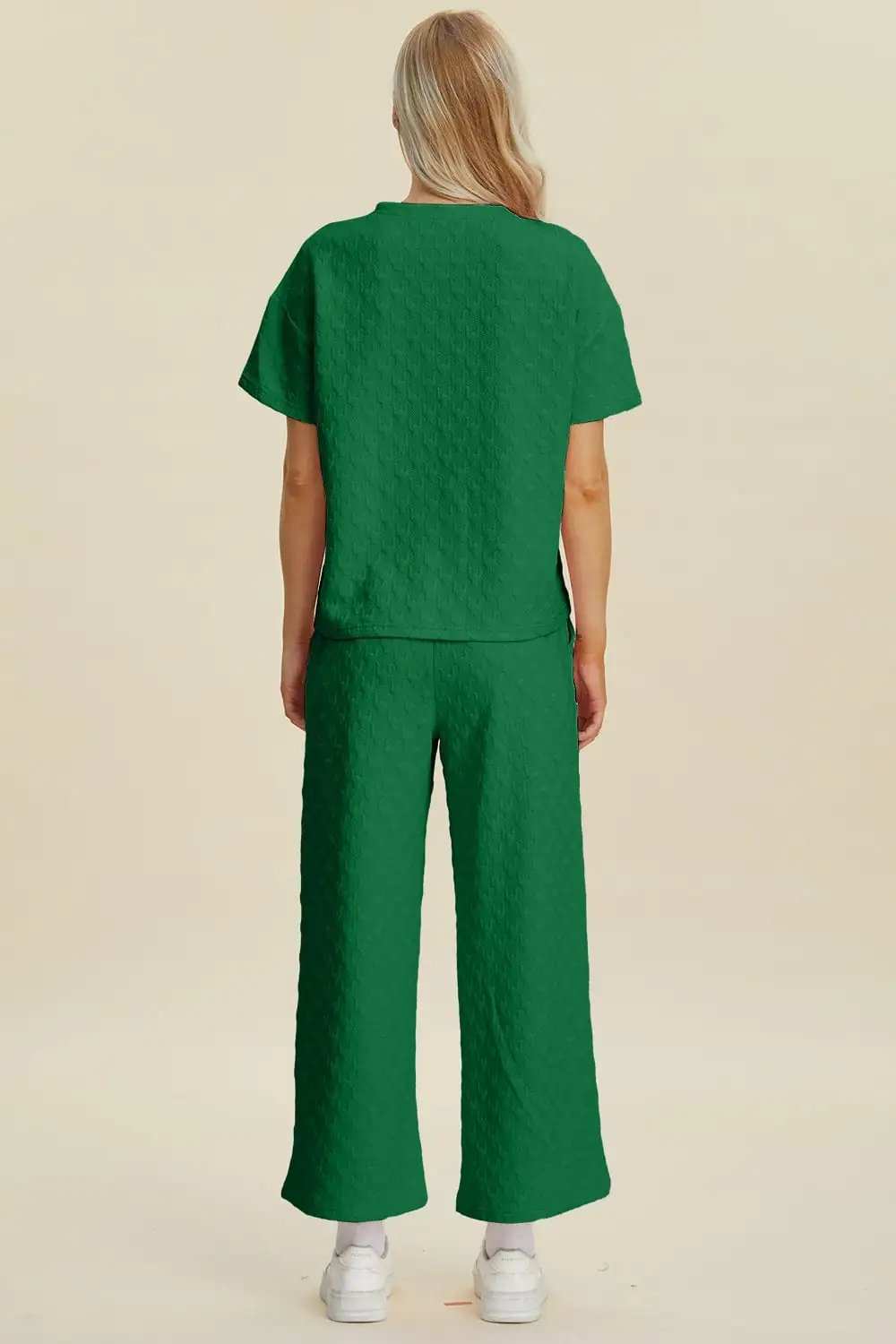 Double Take Full Size Texture Round Neck Short Sleeve Top and Pants Set - Trendsi - Flyclothing LLC