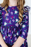 Violets in Bloom 3/4 Sleeve Ruffle Twirl Dress