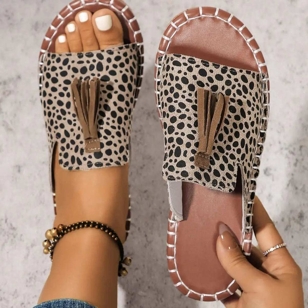 Fringe Leopard Open Toe Sandals - Trendsi - Flyclothing LLC