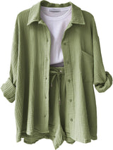 Texture Button Up Shirt and Drawstring Shorts Set - Trendsi - Flyclothing LLC