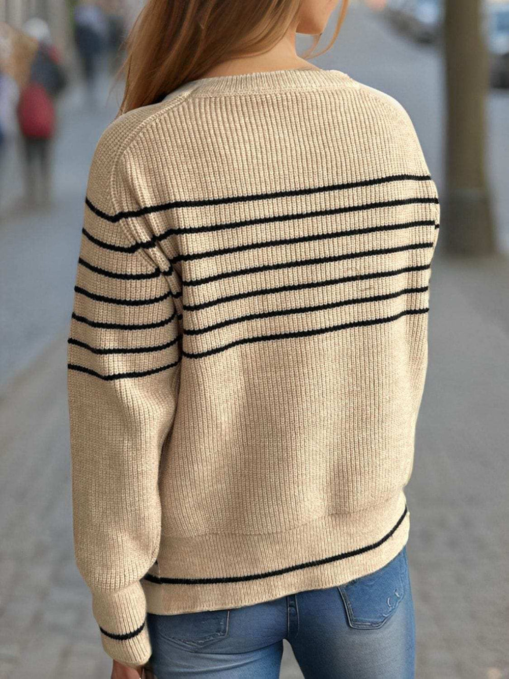 Striped Round Neck Long Sleeve Sweater - Trendsi - Flyclothing LLC