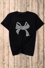 Rhinestone Bow Graphic Round Neck Short Sleeve T-Shirt - Trendsi - Flyclothing LLC