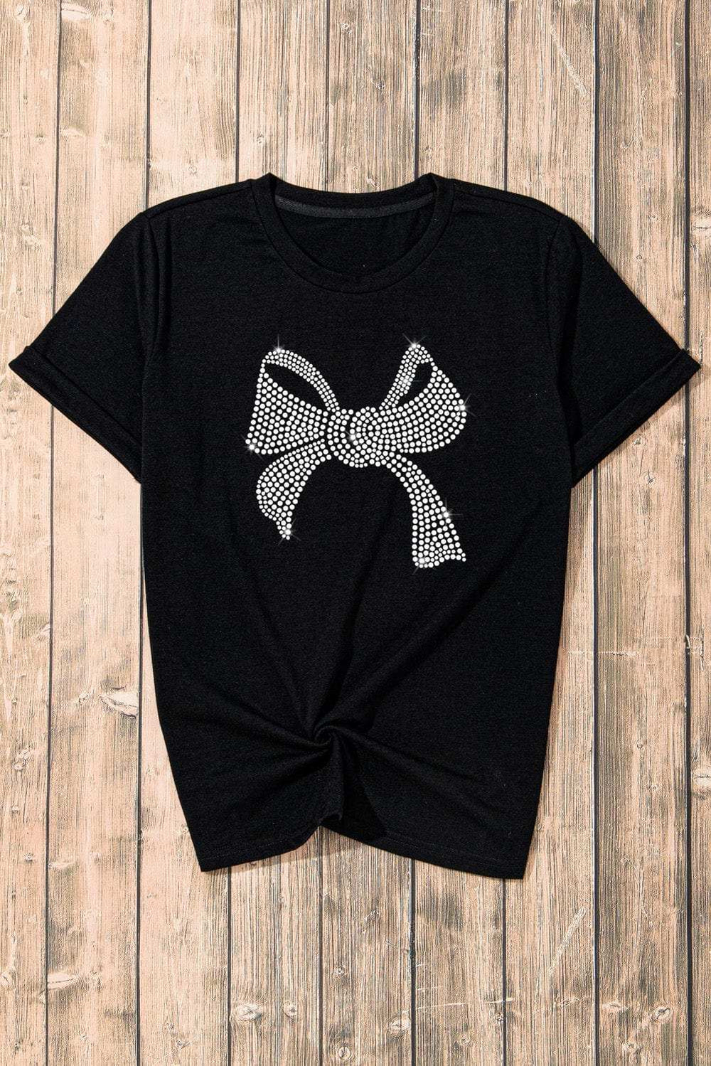 Rhinestone Bow Graphic Round Neck Short Sleeve T-Shirt - Trendsi - Flyclothing LLC