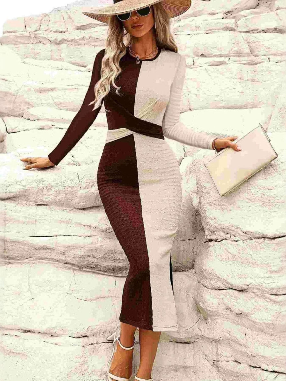 Two Tone Slit Round Neck Long Sleeve Midi Dress - Trendsi