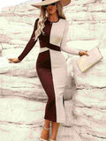 Two Tone Slit Round Neck Long Sleeve Midi Dress - Trendsi