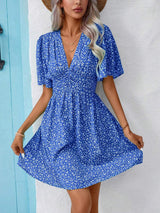 Printed V-Neck Half Sleeve Mini Dress - Trendsi - Flyclothing LLC