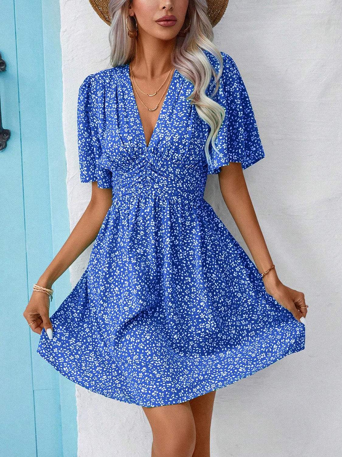 Printed V-Neck Half Sleeve Mini Dress - Trendsi - Flyclothing LLC