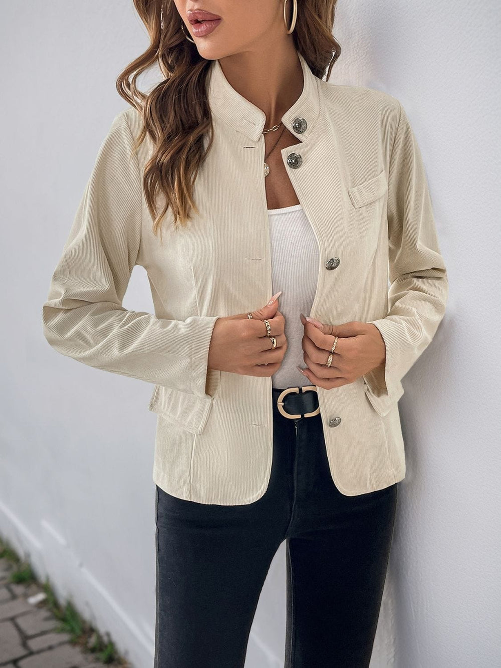 Perfee Button Up Mock Neck Jacket - Trendsi