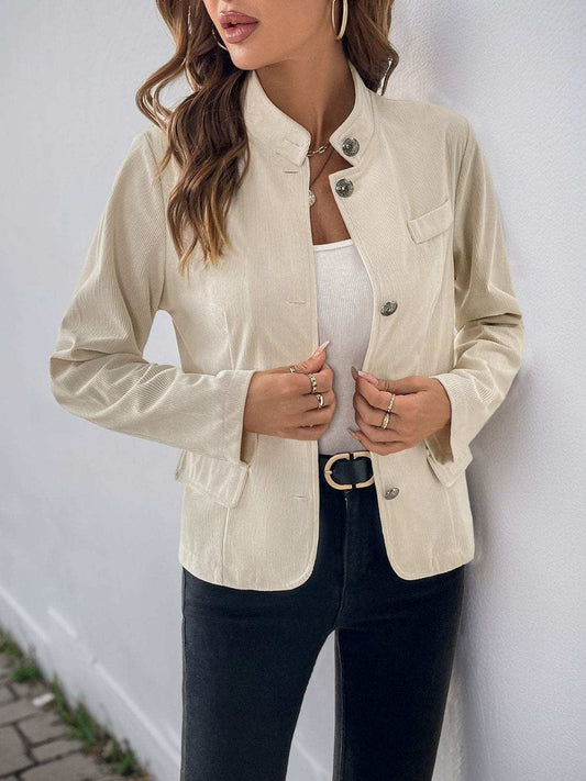 Perfee Button Up Mock Neck Jacket - Trendsi - Flyclothing LLC