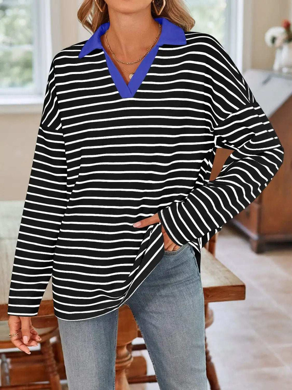 Striped Johnny Collar Long Sleeve T-Shirt - Trendsi - Flyclothing LLC