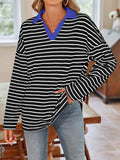 Striped Johnny Collar Long Sleeve T-Shirt - Trendsi - Flyclothing LLC