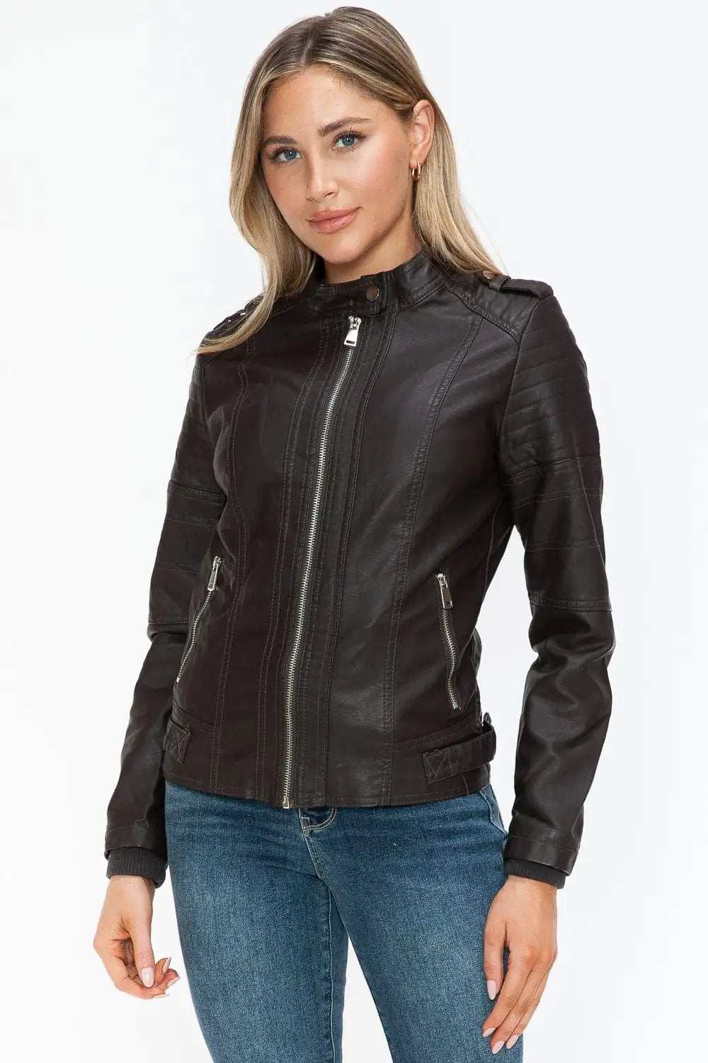 Snobbish PU Leather Biker Jacket with Side Zip Pockets - Trendsi - Flyclothing LLC