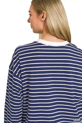 Zenana Contrast Striped Round Neck Sweatshirt - Trendsi - Flyclothing LLC