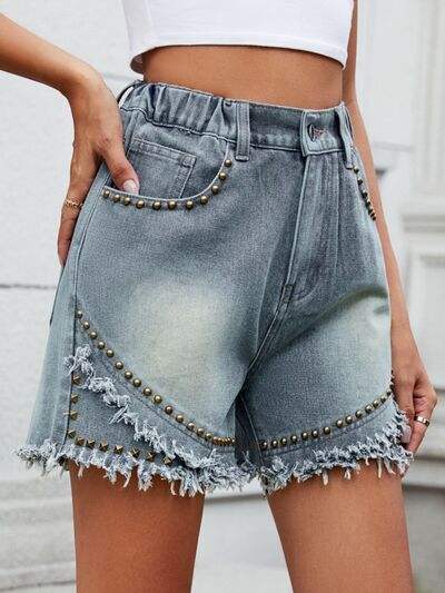 Raw Hem Studded Denim Shorts - Trendsi - Flyclothing LLC