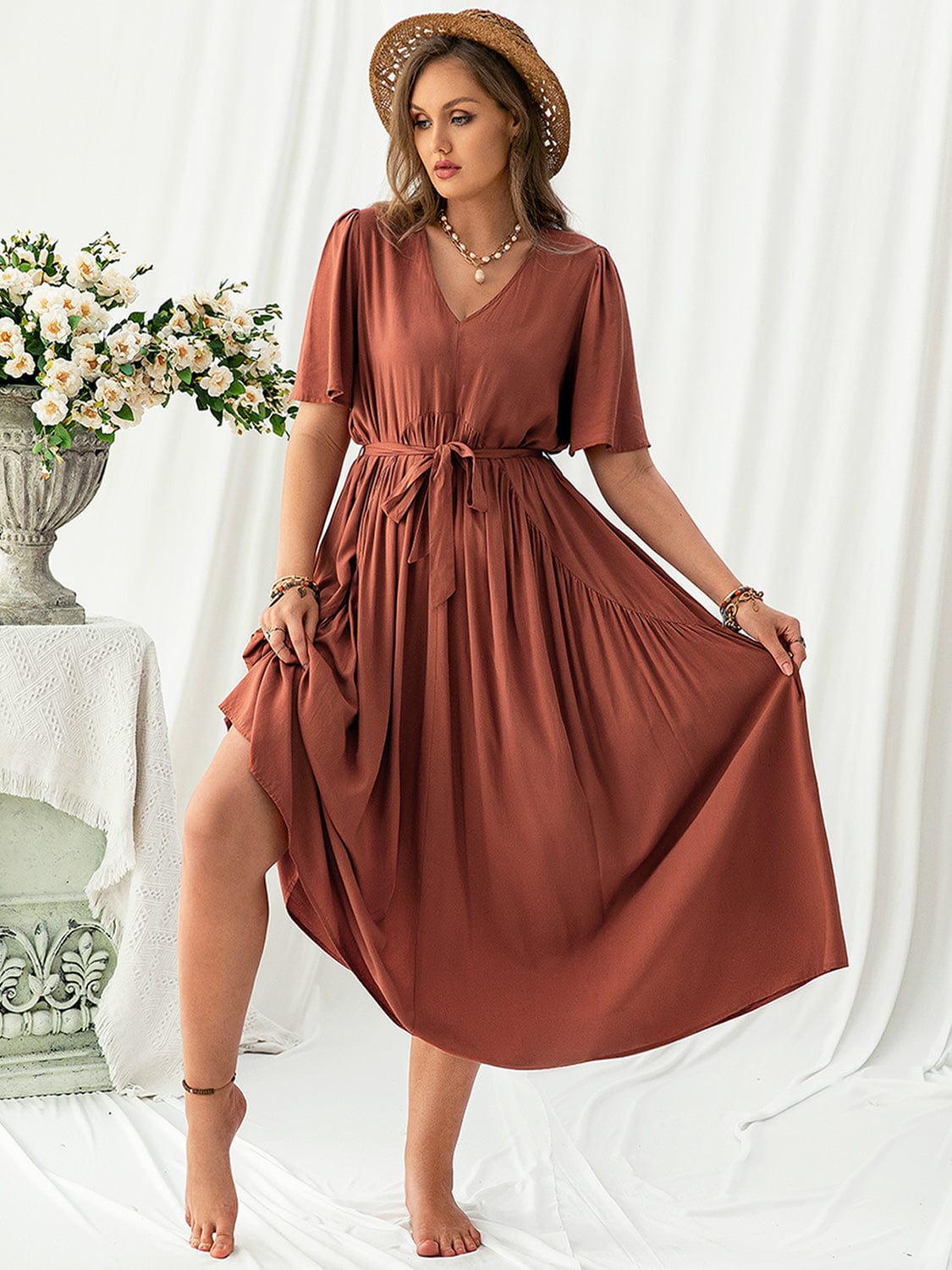 Plus Size V-Neck Flutter Sleeve Midi Dress - Trendsi