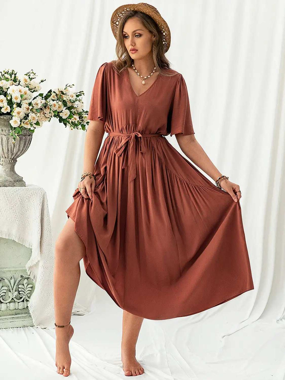 Plus Size V-Neck Flutter Sleeve Midi Dress - Trendsi - Flyclothing LLC