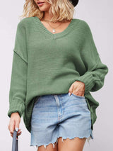 V-Neck Loose Knit Drop Shoulder Sweater - Trendsi - Flyclothing LLC