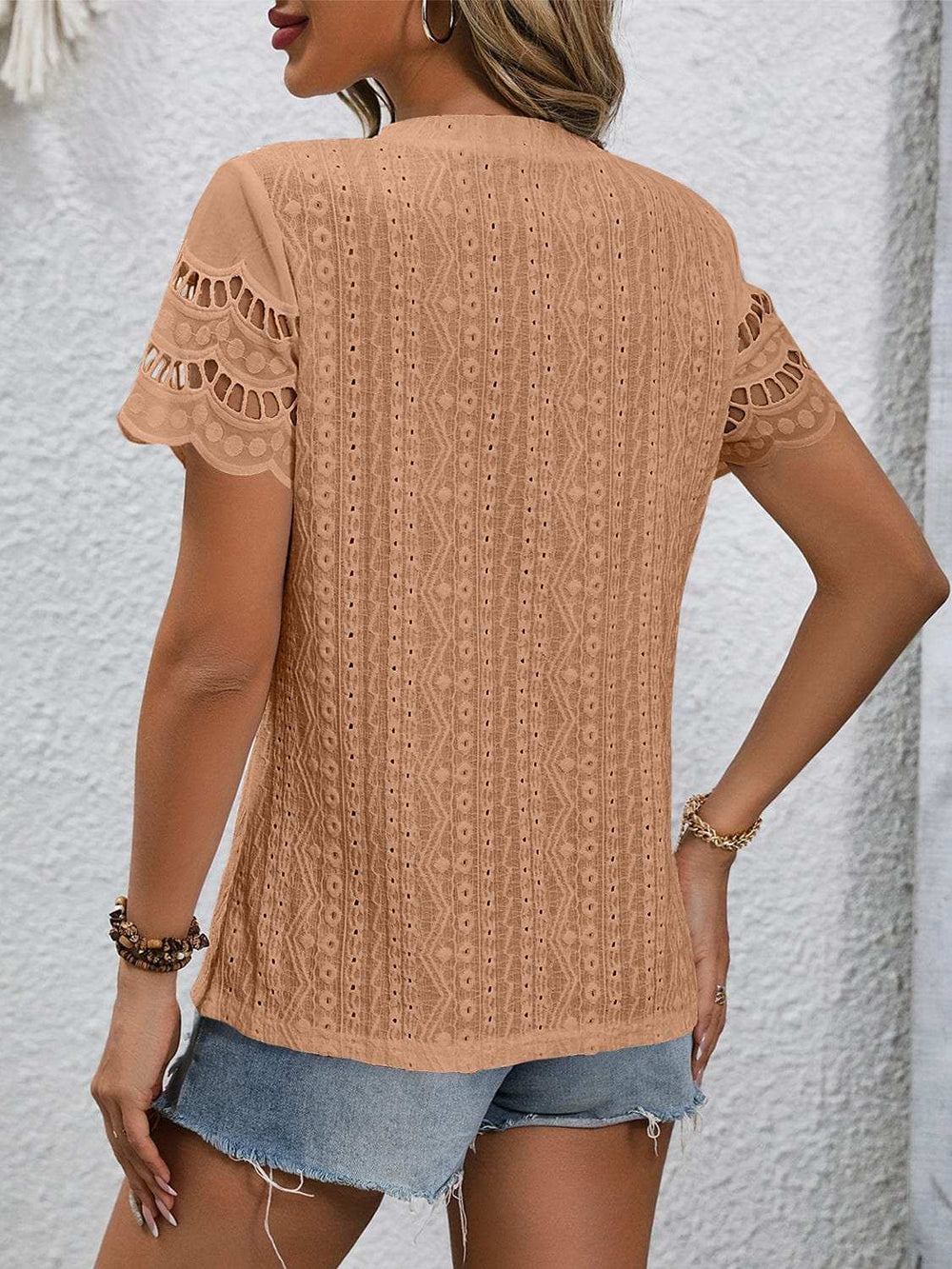 Full Size Eyelet Round Neck Short Sleeve Top - Trendsi - Flyclothing LLC