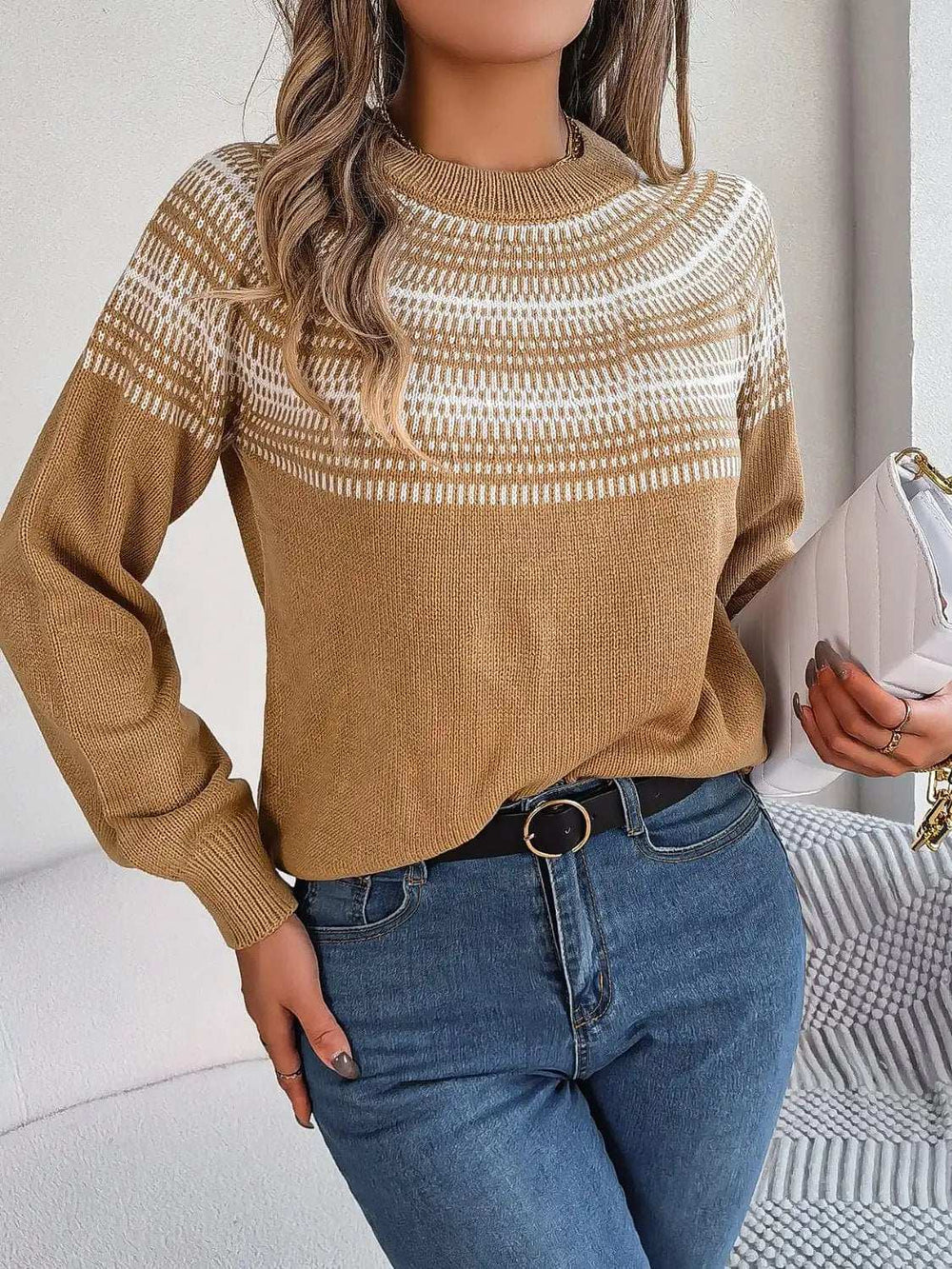 Contrast Round Neck Long Sleeve Sweater - Trendsi - Flyclothing LLC