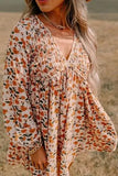 Smocked Printed V-Neck Long Sleeve Dress - Trendsi
